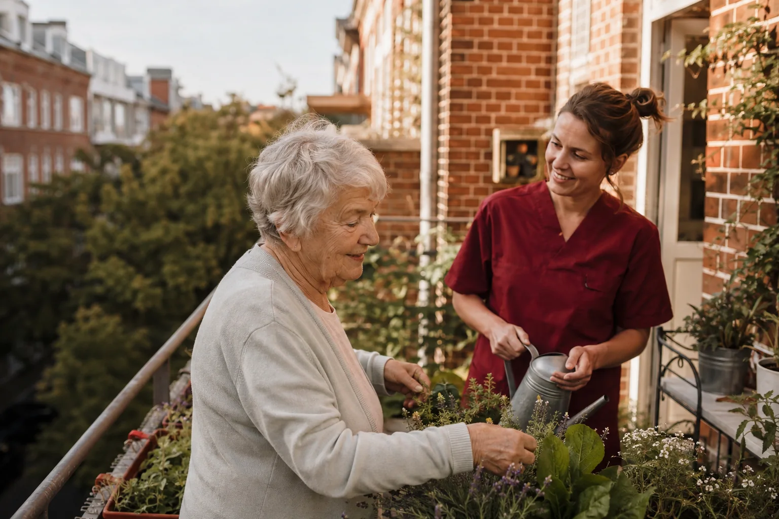 Ältere Dame und Pflegekraft bei der gemeinsamen Pflege von Balkonpflanzen