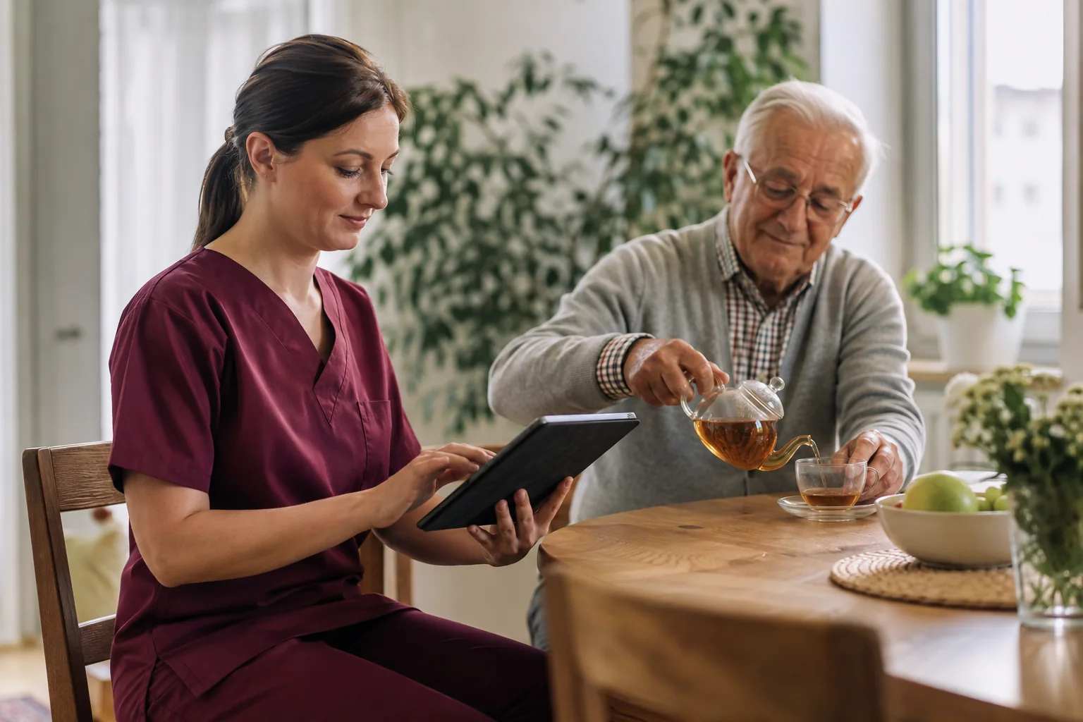 Pflegekraft dokumentiert einen Hausbesuch am Tablet