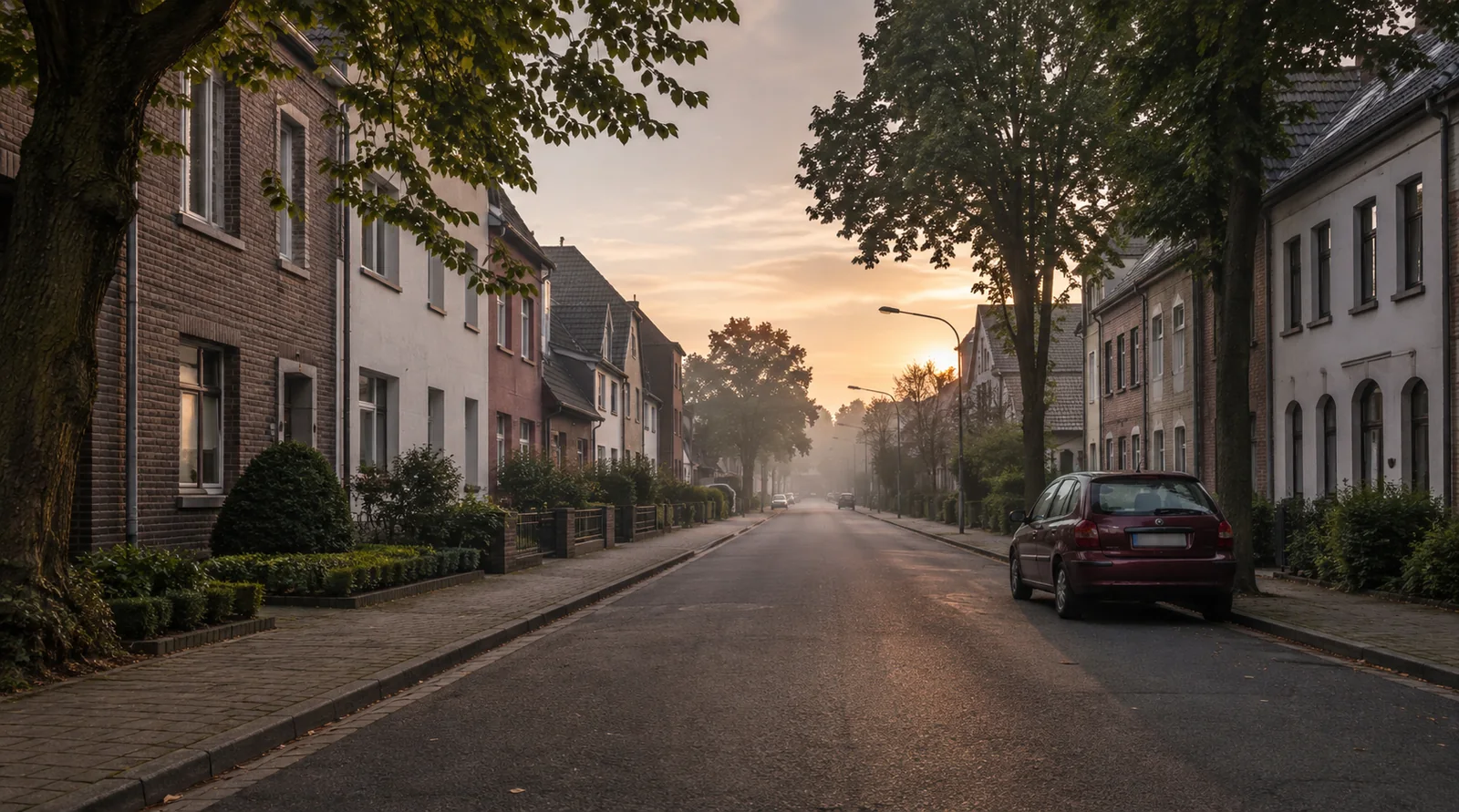 Ruhige Wohnstraße in Herten am frühen Morgen